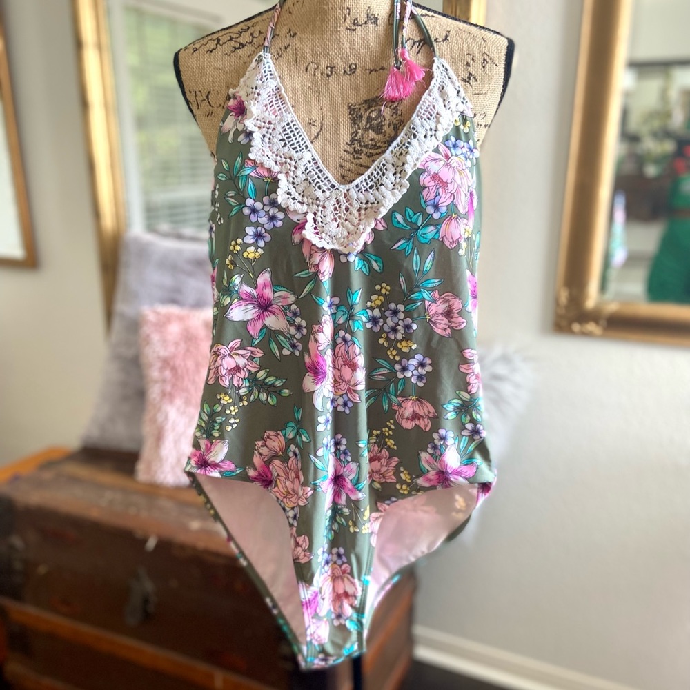 Hula Honey Green & Pink Tropic Romance Floral-Print Halter styled one piece. - Picture 6 of 9